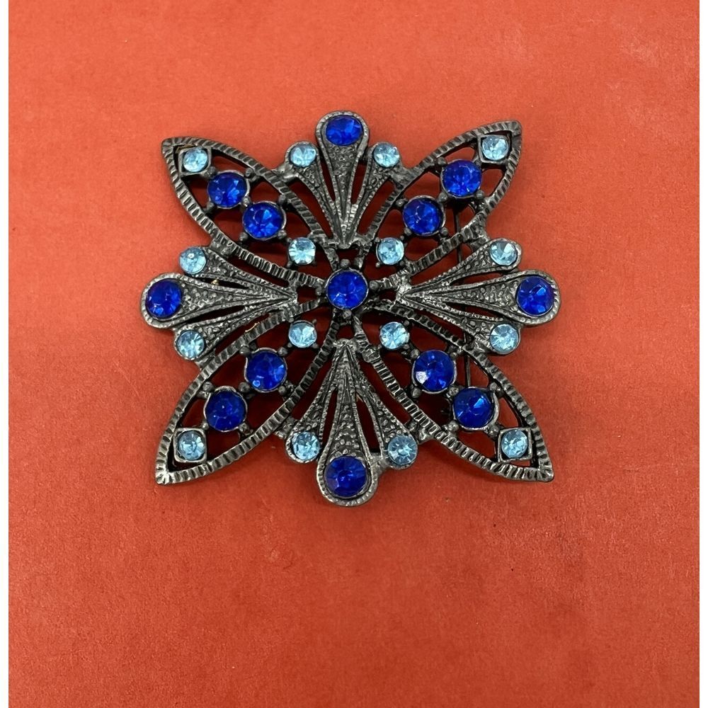 Vintage Style Snowflake Brooch Blue‎ Crystal Art Deco Statement Pin Large 2 inch